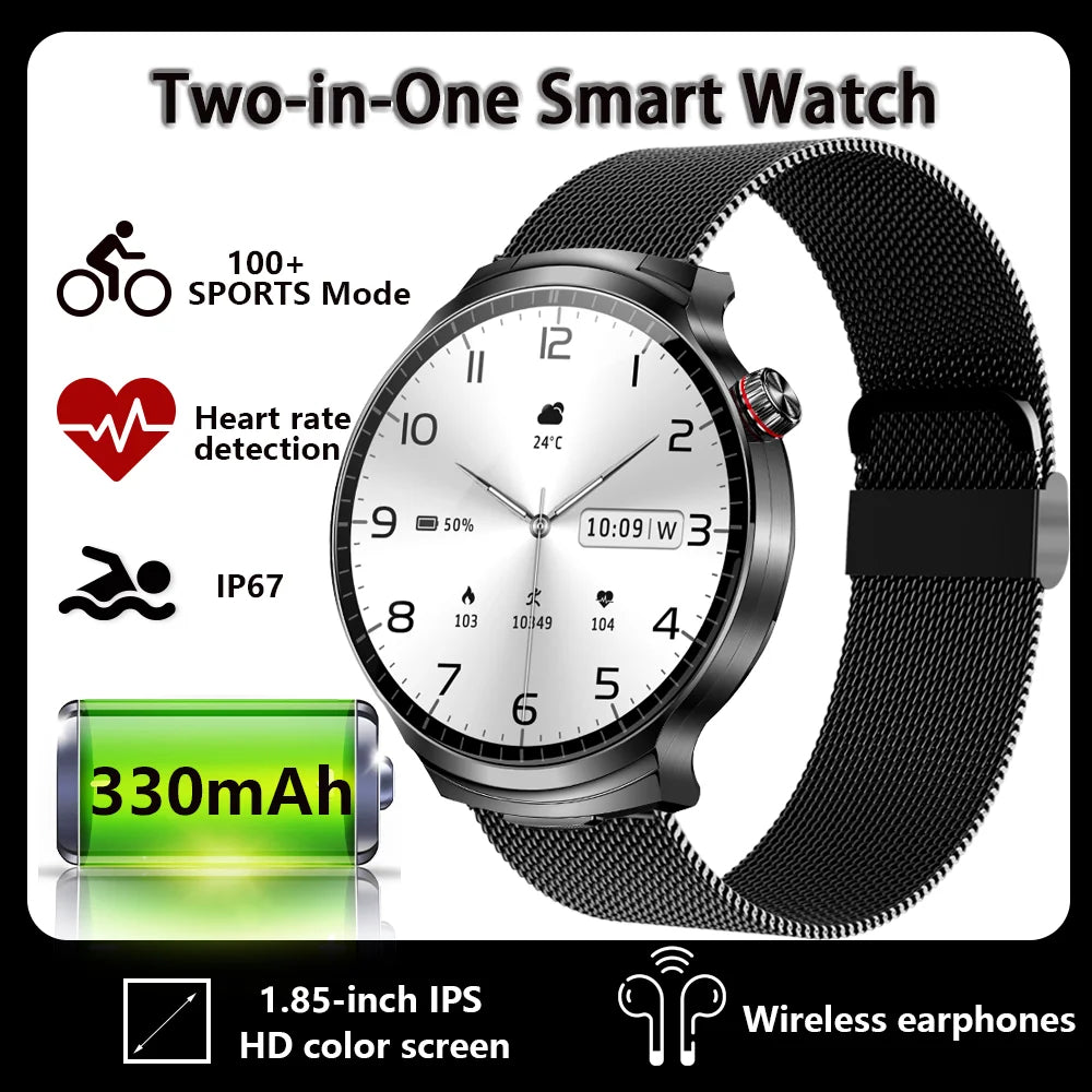 Smartwatch 2-en-1 + Écouteurs TWS Bluetooth – Écran HD 1.85" IP67 Étanche | 100+ Sports | Appels & Suivi Fitness