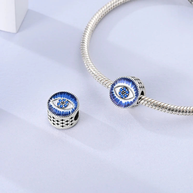 Charm Argent 925 Bleu Rotatif – Œil Démon, Main, Lune & Ciel Étoilé | Perle Pendentif Bracelet Femme | Bijou Spirituel & Mystique