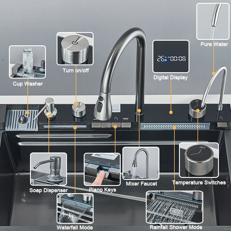 Évier Cuisine Inox 75x45cm Affichage Digital Température – Grand Bac, Robinet Cascade Eau Chaude & Froide | Design Moderne