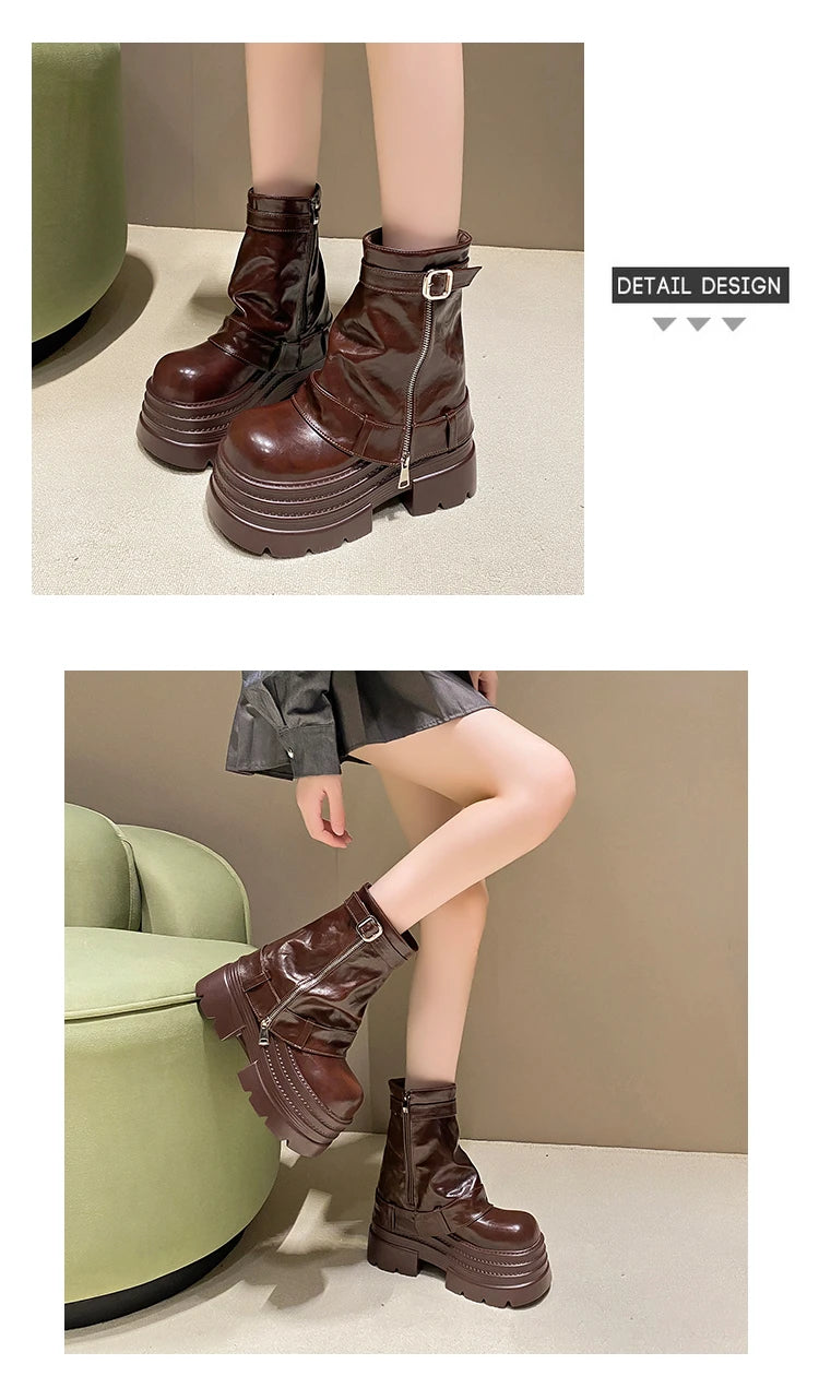 Bottines Cuir Femme 10CM Chunky Platform – Combat Boots Punk Moto Non-Slip Automne Hiver