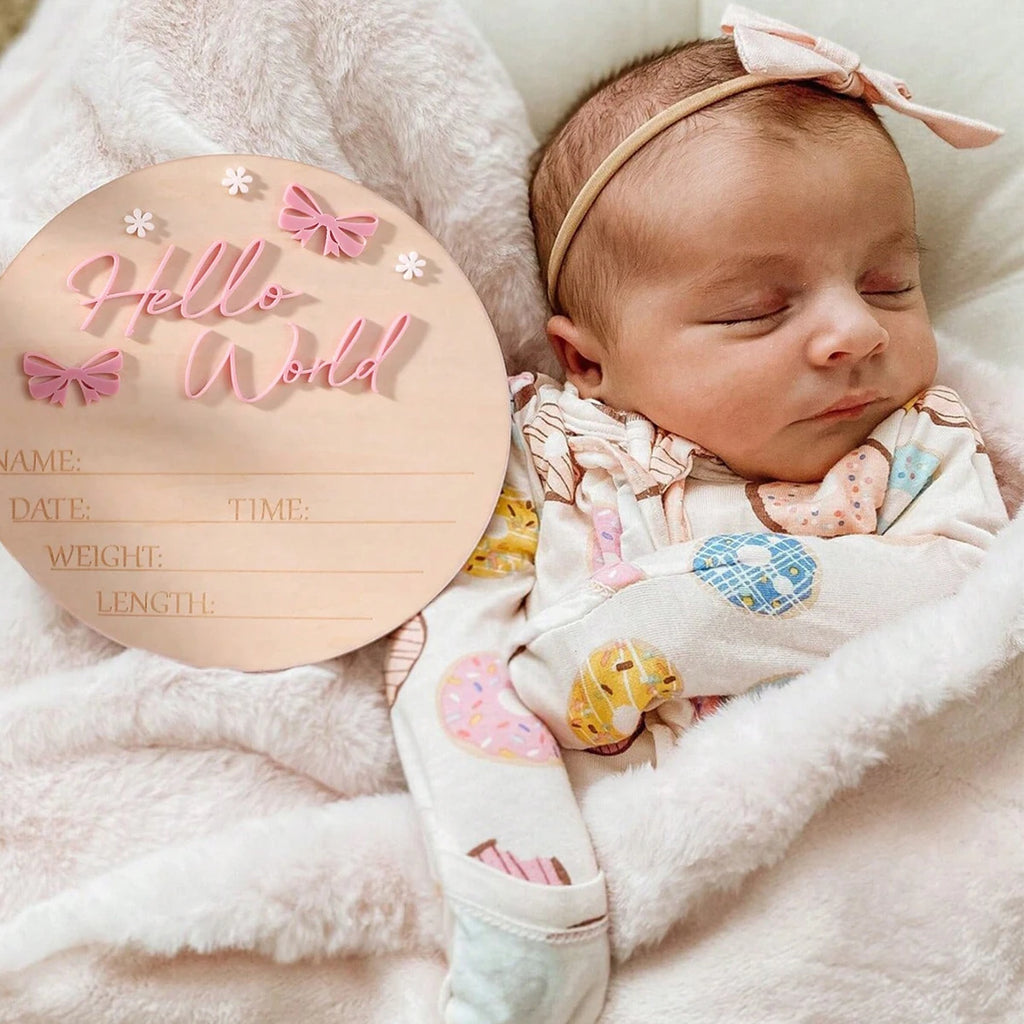 Pancarte Naissance Bébé « Hello World » – Déco Maternité Rose Poudré Papillon Étoile Photo Nouveau-Né