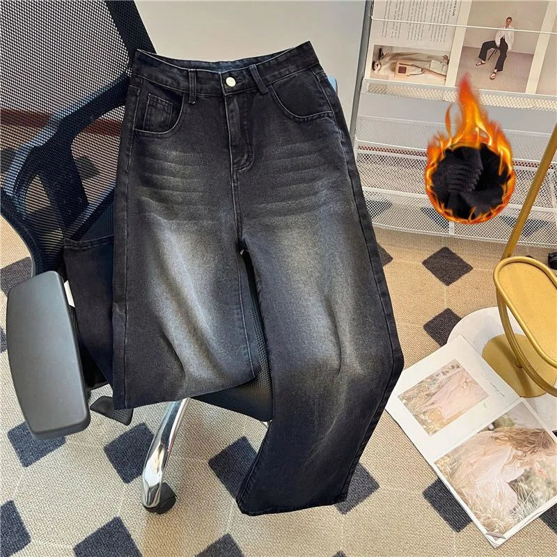 Jean Femme Polaire Chaud Coupe Droite Slim Velours Doux Vintage – Pantalon Denim Doublé Confortable | Hiver