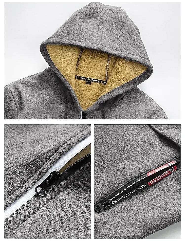 Unisex-Kapuzenstrickjacke aus Lammwolle, gefüttert mit Plüsch, Reißverschluss, Vordertaschen, warm für den Winter, einfarbig | Premium Hoodie aus Lammwolle