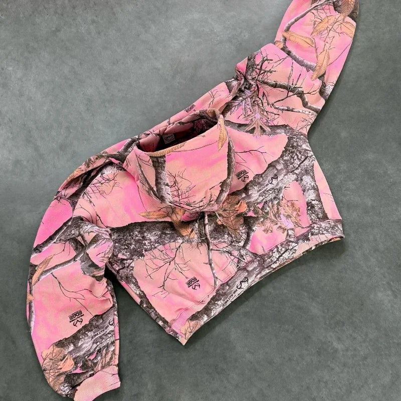 Sweat à Capuche Zippé Unisexe Y2K Rétro Camouflage Rose Branches Imprimé Streetwear Harajuku Boxy Casual – Hoodie Tendance Oversize | Mode Unisexe