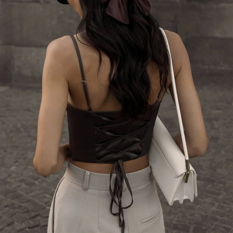 Crop Top Bretelles Fines Bandage Dos Nu & Lacets - Sexy Skinny Streetwear Soirée Femme Été