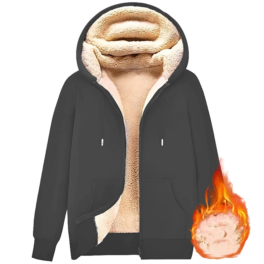 Cardigan Hoodie Unisexe Zippé Laine d'Agneau Doublure Peluche Poches Avant Chaud Hiver Couleur Unie | Hoodie Laine Agneau Premium
