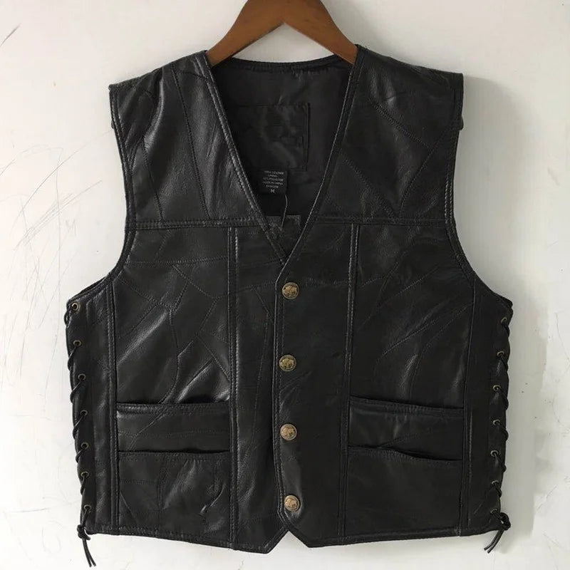 Gilet Moto Homme Cuir Agneau Noir Laçages Latéraux Ajustables Biker Vest Souple Premium Style Motard Authentique – Veste Sans Manches Cuir Véritable | Mode Homme Moto Premium