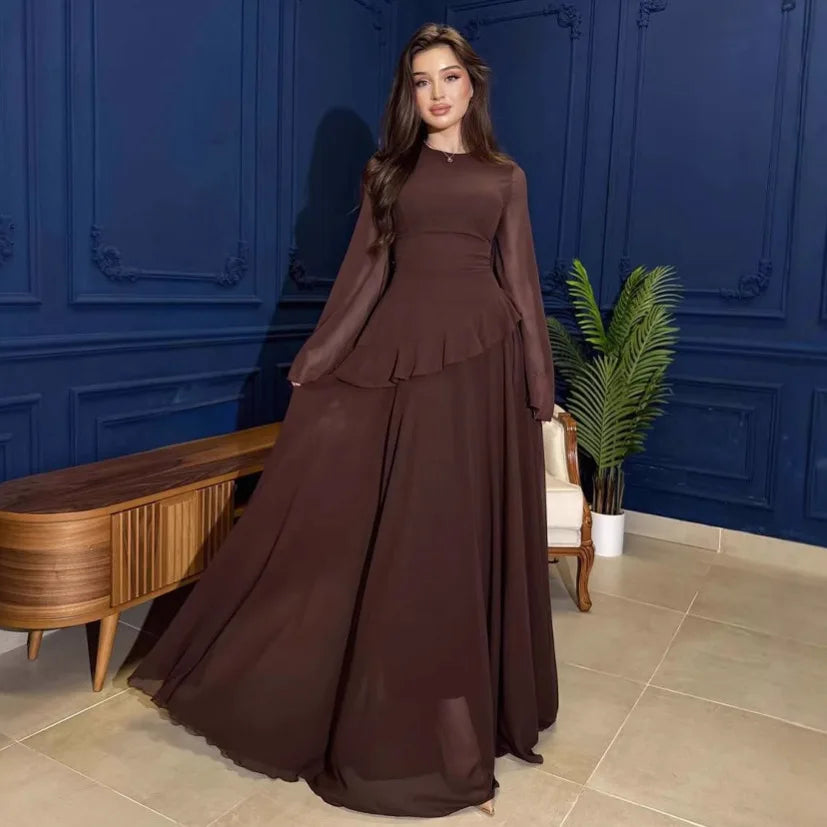 Robe Maxi Femme Chiffon Unie Volants Manches Papillon Col Rond – Élégante Soirée & Gala | 2025