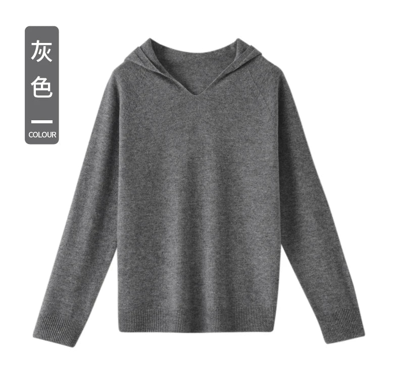Pull Cachemire Femme 100% Laine Mérinos Col V À Capuche – Chaud Élégant Tendance | Automne Hiver