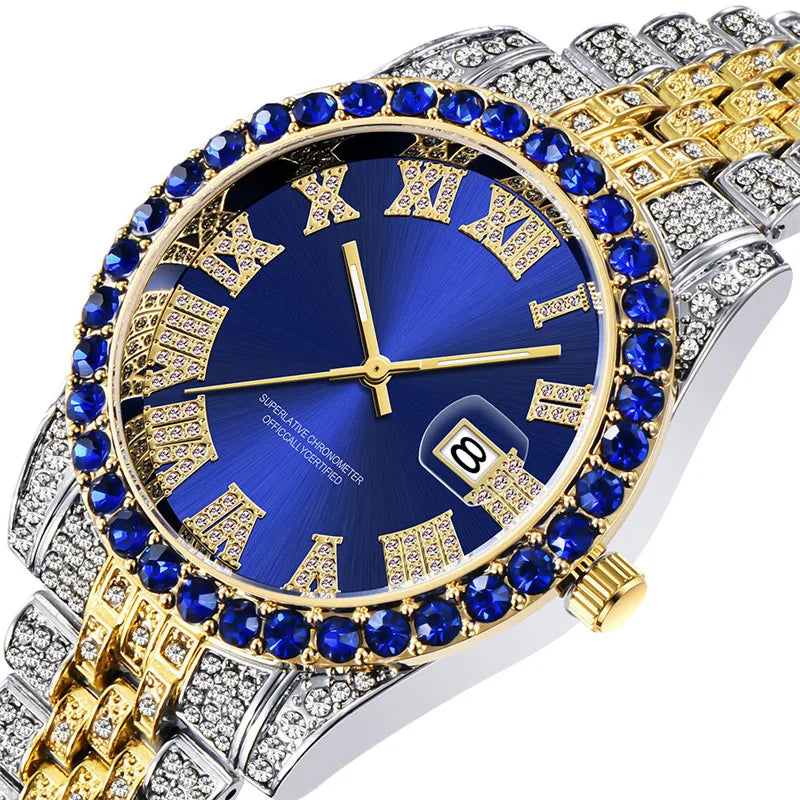 Montre Homme Hip Hop Diamant Fashion Bracelet Alliage Dorée Luxe Date Quartz Tendance Streetwear Bling | Montre Hip Hop Diamant Dorée Premium