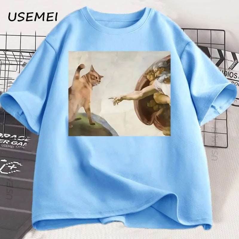 T-Shirt Unisexe Humour Chat Dieu Création d'Adam Meme Jésus Coton Vintage Manches Courtes Col Rond – Streetwear Meme Culte | Mode Casual