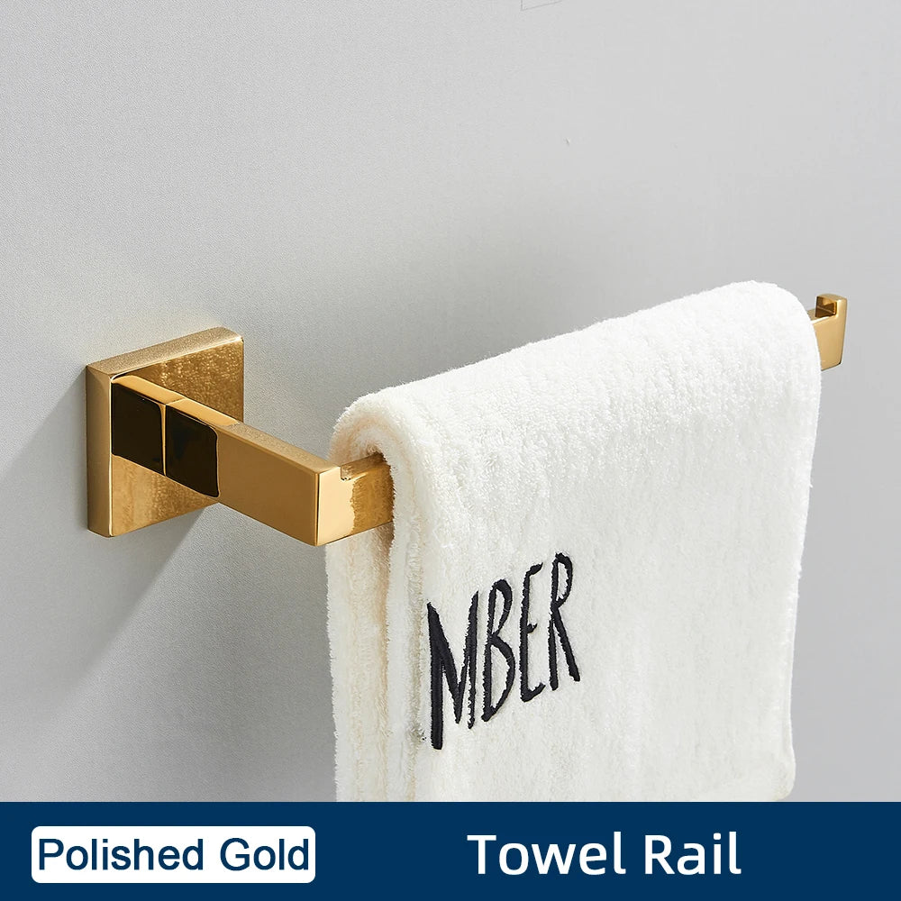 Set Accessoires Salle de Bain Inox – Porte-Serviettes, Porte-Papier & Crochet | Noir & Or Mural