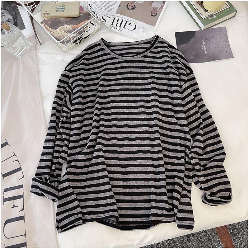T-Shirt Rayé Manches Longues Style Coréen Femme – Col Rond Loose | Casual Chic Printemps Automne