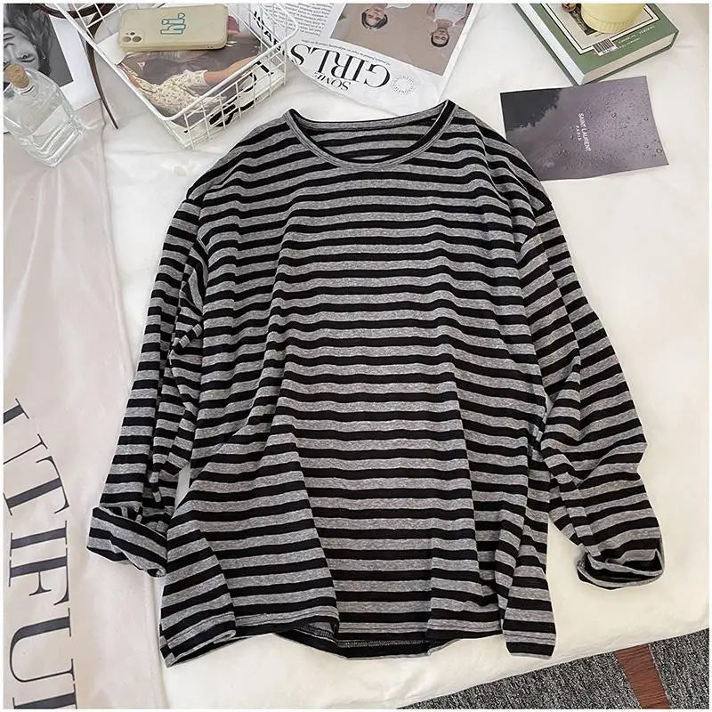 T-Shirt Rayé Manches Longues Style Coréen Femme – Col Rond Loose | Casual Chic Printemps Automne