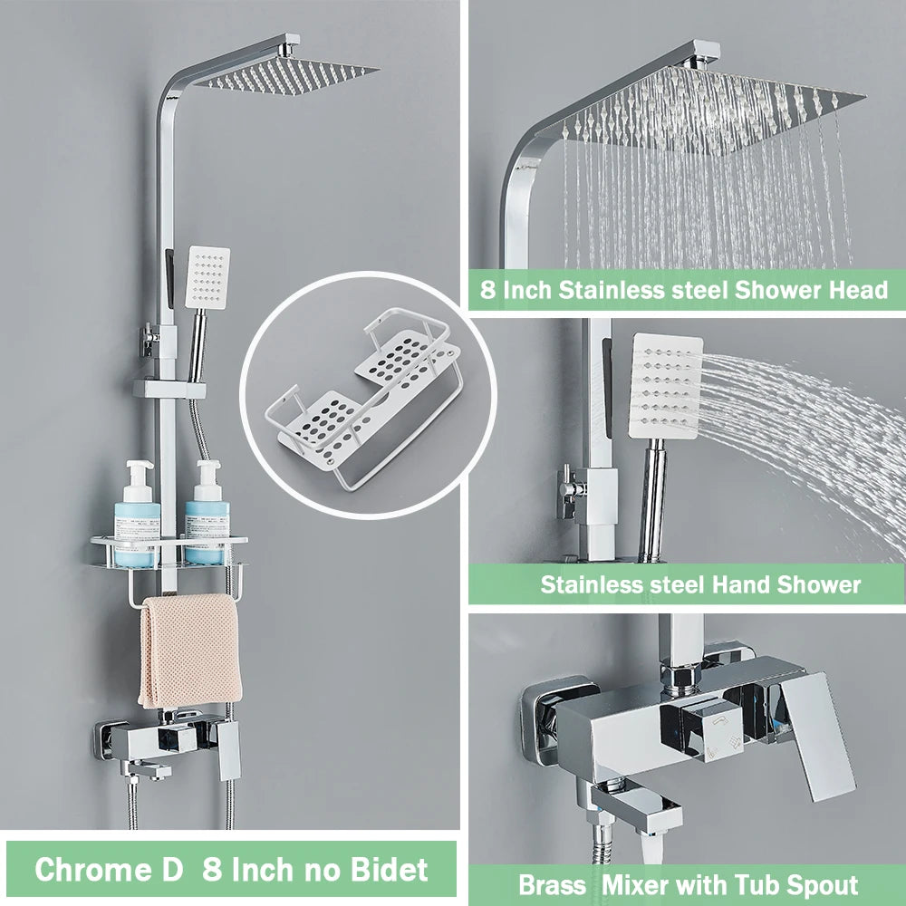 Rozin Ensemble Douche Pluie Mural Noir – Avec Bidet, Étagère & Bec Baignoire | Système Complet Laiton