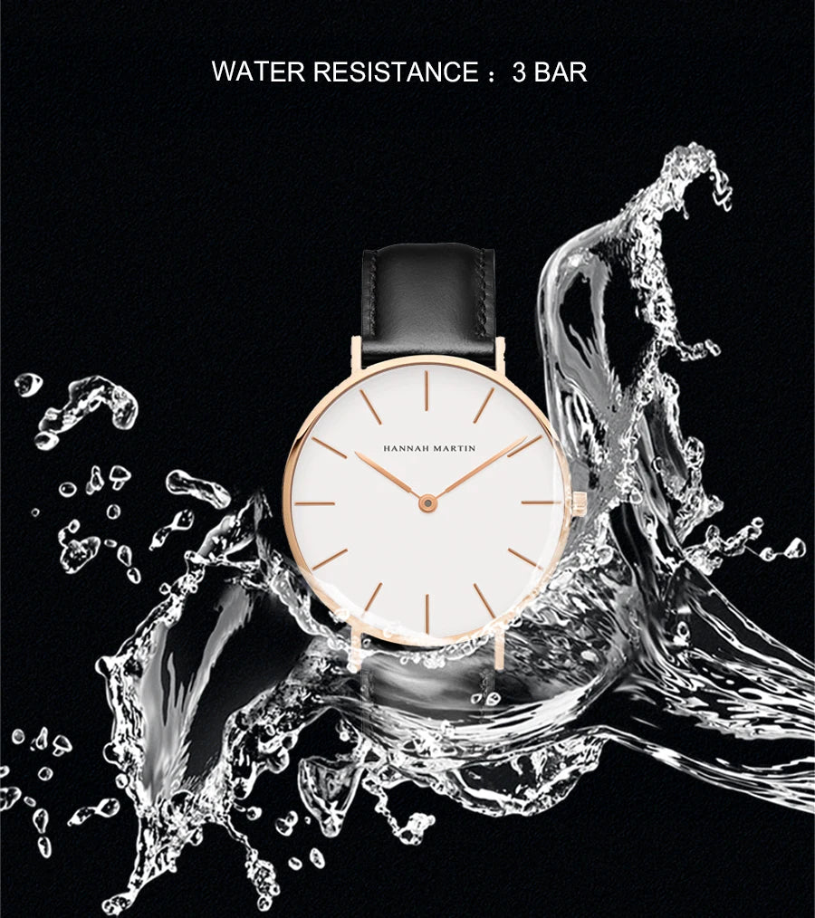 Montre Femme Luxe HANNAH MARTIN Ultra-Fine 36mm Cuir Or Rose – Étanche Élégante Fashion