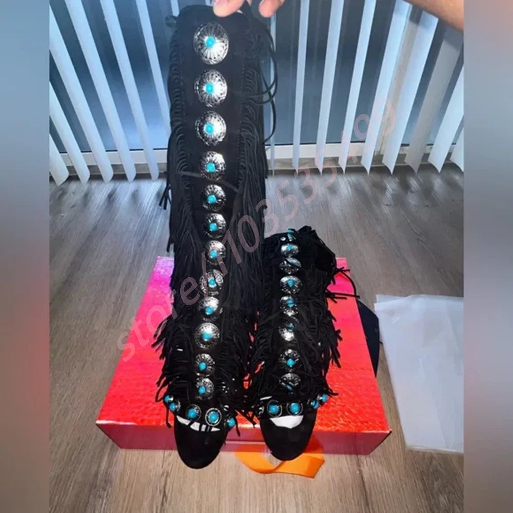 Bottes Gland Gemmes Catwalk Stiletto Femme – Luxe Romain Bout Ouvert Scène Mode