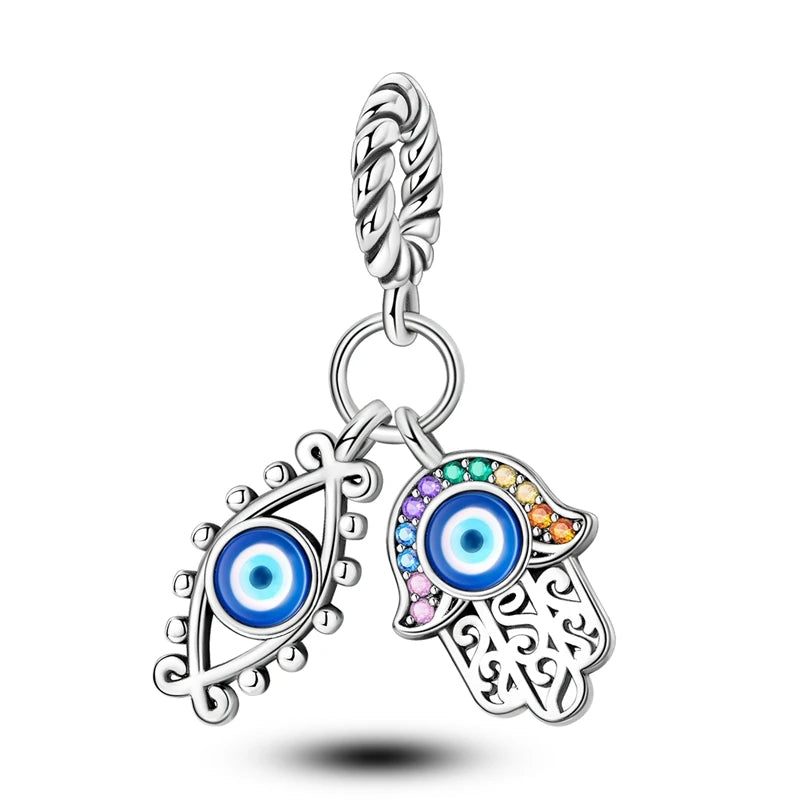 Charm Argent 925 Bleu Rotatif – Œil Démon, Main, Lune & Ciel Étoilé | Perle Pendentif Bracelet Femme | Bijou Spirituel & Mystique