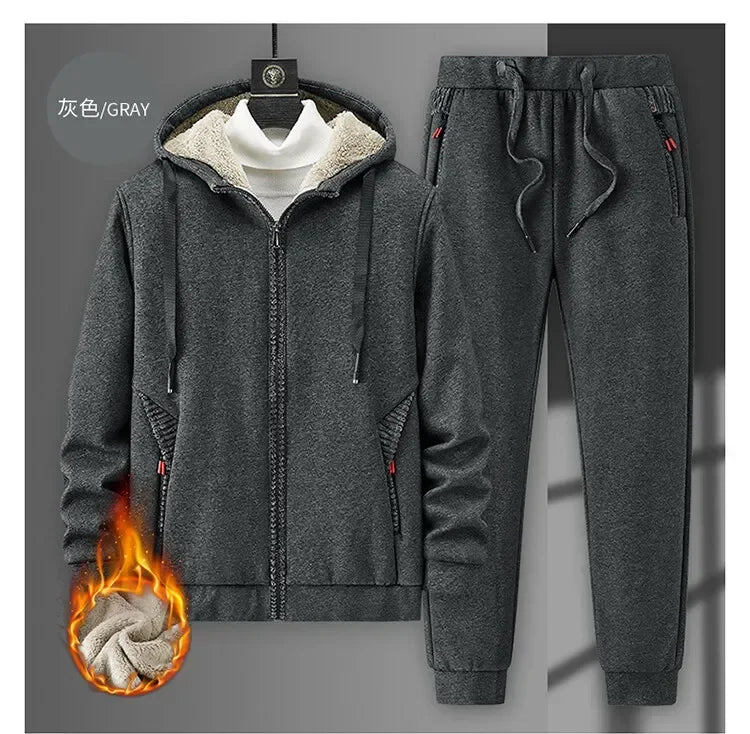 Ensemble Homme Cashmere Tracksuit Hiver – Veste + Pantalon Polaire Épaisse Capuche Chaud
