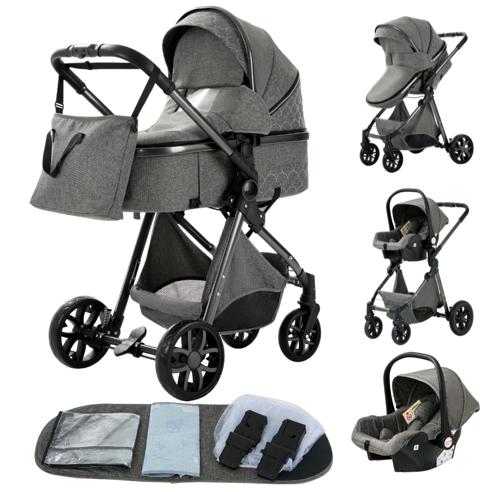 Poussette Bébé 3 en 1 Pliable Aluminium – Haute Vue, Nacelle & Siège, Voyage Compact | Nouveau-Né & Nourrisson