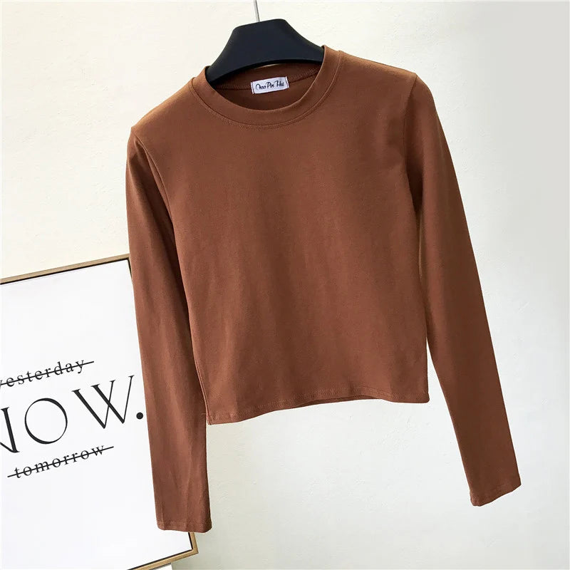 Top Femme Sexy Col Rond Manches Longues Découpe Nombril Basique – Mode Casual & Tendance | Automne