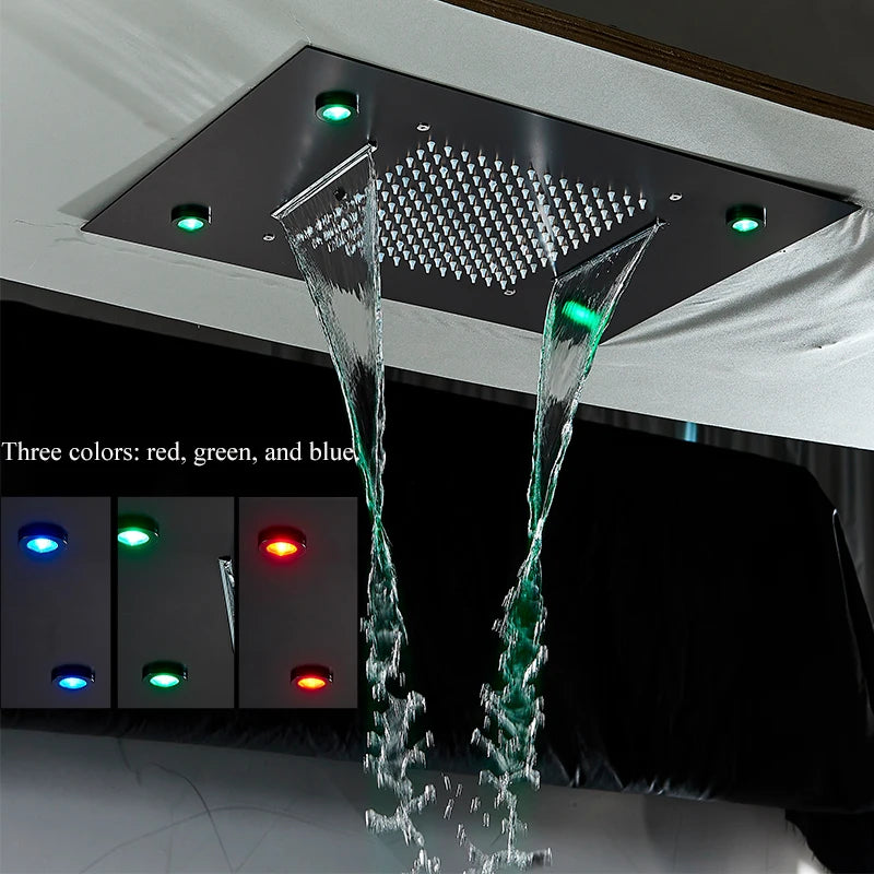 Pommeau Douche Plafond LED Cascade Luxe 49x35cm – Lumières Multicolores Intégrées | Salle de Bain Spa