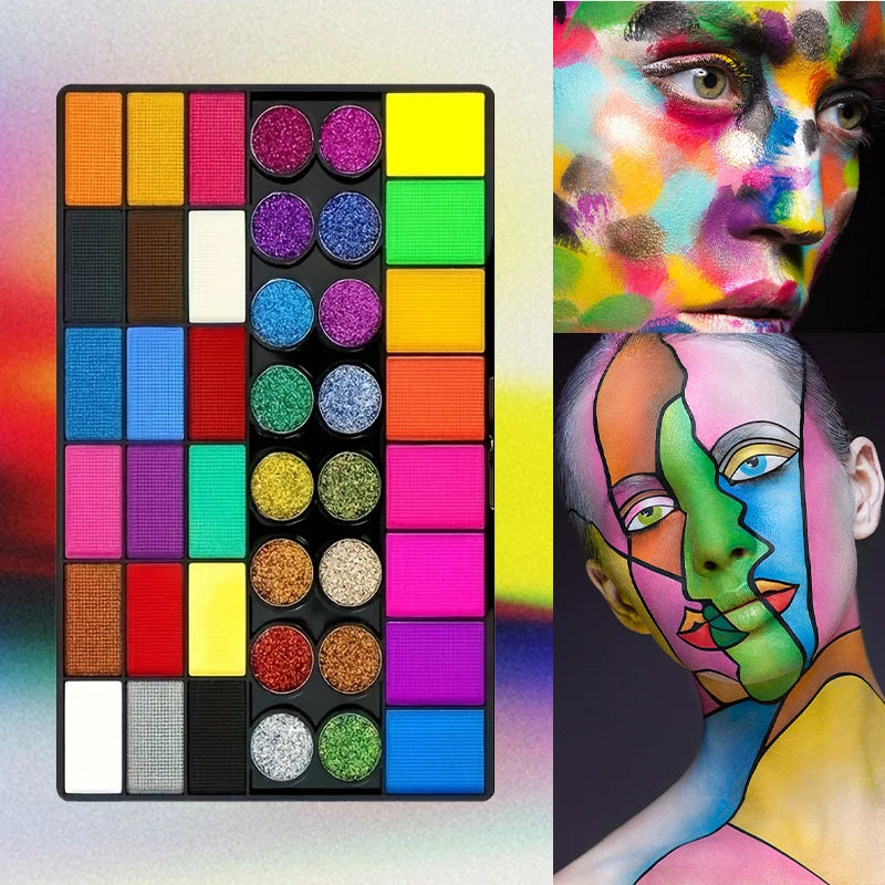 Kit Maquillage Artistique 42 Couleurs – Peinture Visage & Corps UV Néon Fluorescent | Festival Halloween Glitter