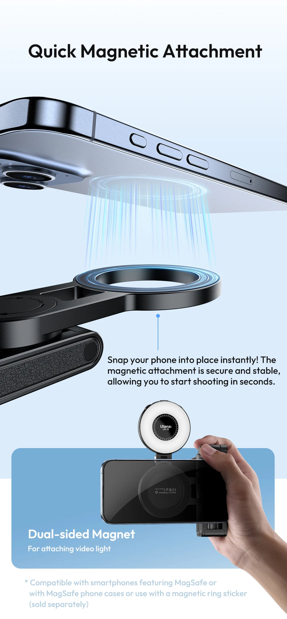 Ulanzi JJ03 Trépied Magnétique Selfie Stick – Grip Téléphone Bureau iPhone 16 15 14 13 Pro