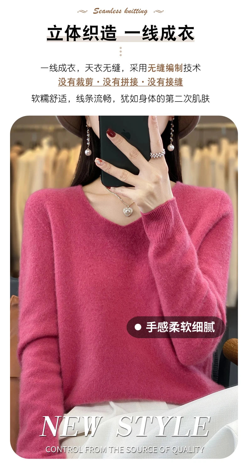 Kaschmirpullover 100% Wolle V-Ausschnitt Damen - Strick Casual Korean Fashion Herbst Winter