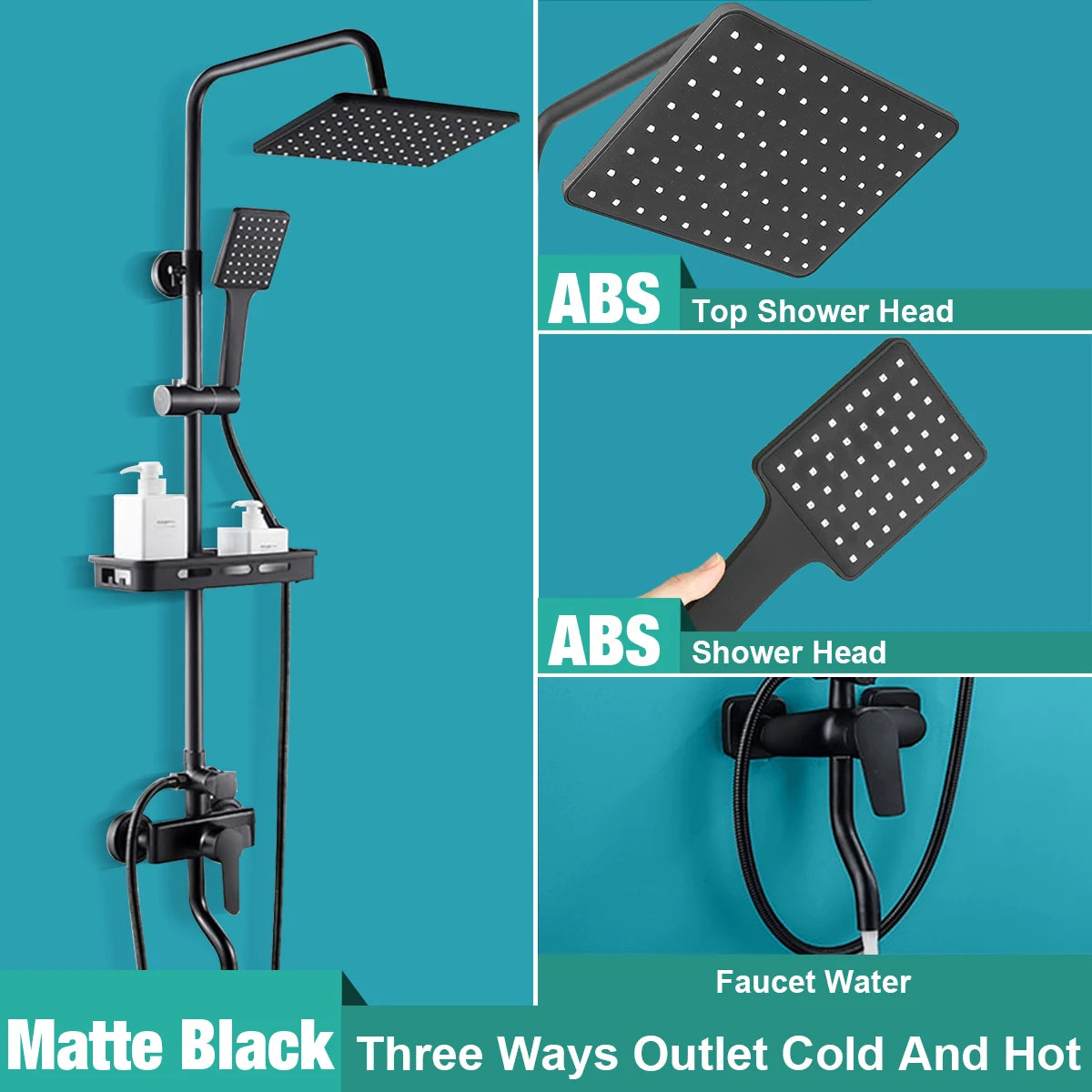 JETEVEVEN Ensemble Douche Pluie Mural Noir Mat – 3 Voies, Étagère Intégrée, Mitigeur Baignoire | Système Douche Complet