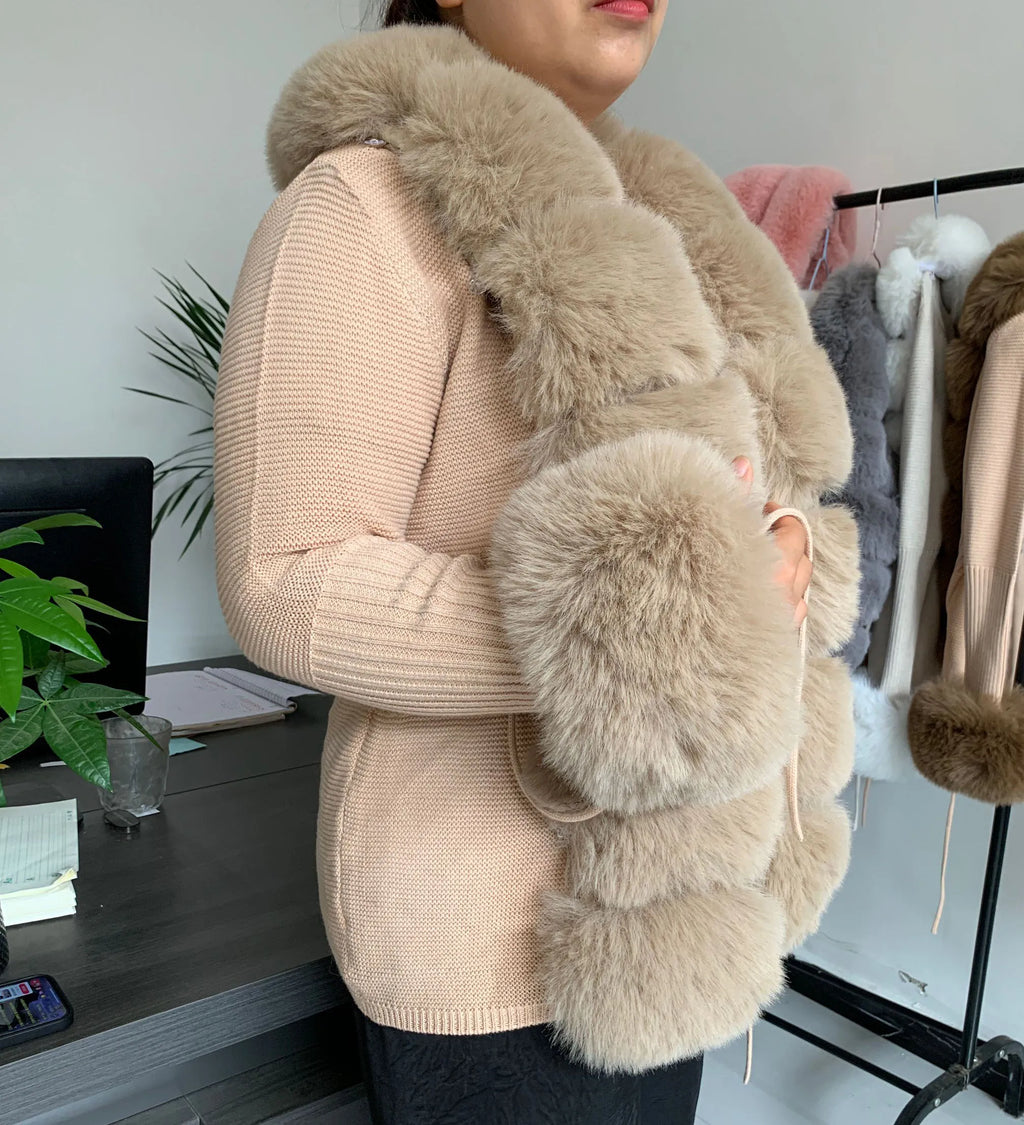 Damen Cardigan Strick Kragen Kunstpelz Fuchs Elegant – Chic & Luxuriöser Pullover Mantel | Frühling Herbst