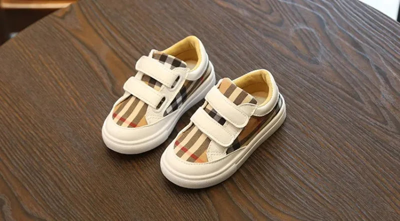 Baskets Enfant Style Coréen Carreaux Blanc – Sneakers Cuir PU Casual Unisexe 3-8 Ans