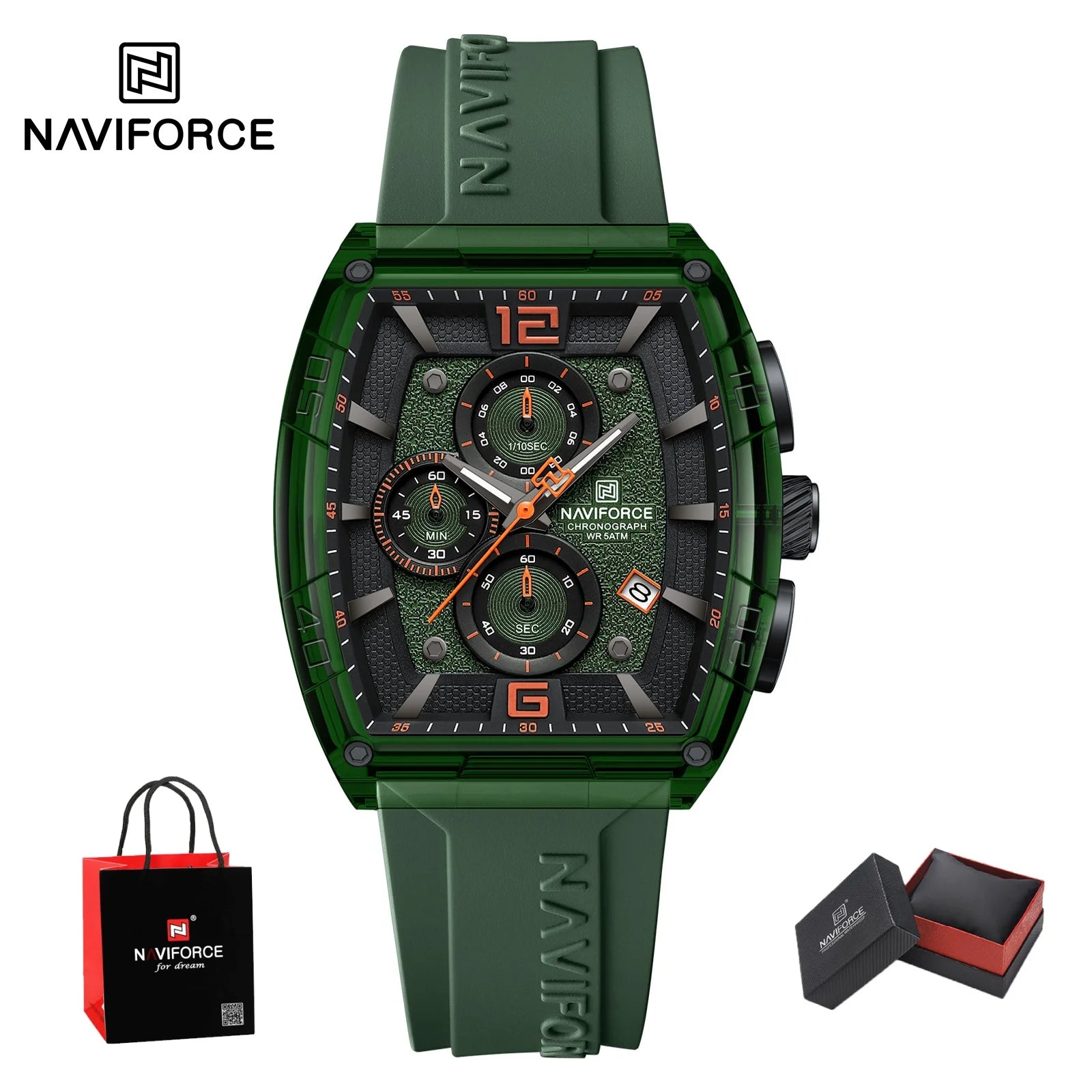 Montre Homme NAVIFORCE Luxe Sport Étanche Bracelet Silicone Quartz Lumineux Chronographe Coffret Cadeau Inclus | Montre NAVIFORCE Chronographe Sport Luxe Premium
