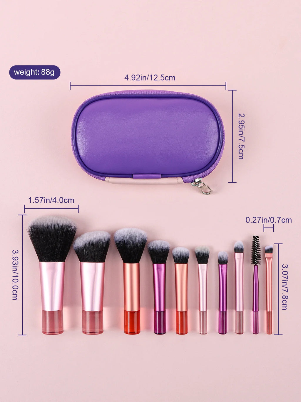 Set 10 Mini Pinceaux Maquillage Manche Crystal – Voyage Friendly avec Pochette | Pinceaux Yeux & Fond de Teint Débutantes