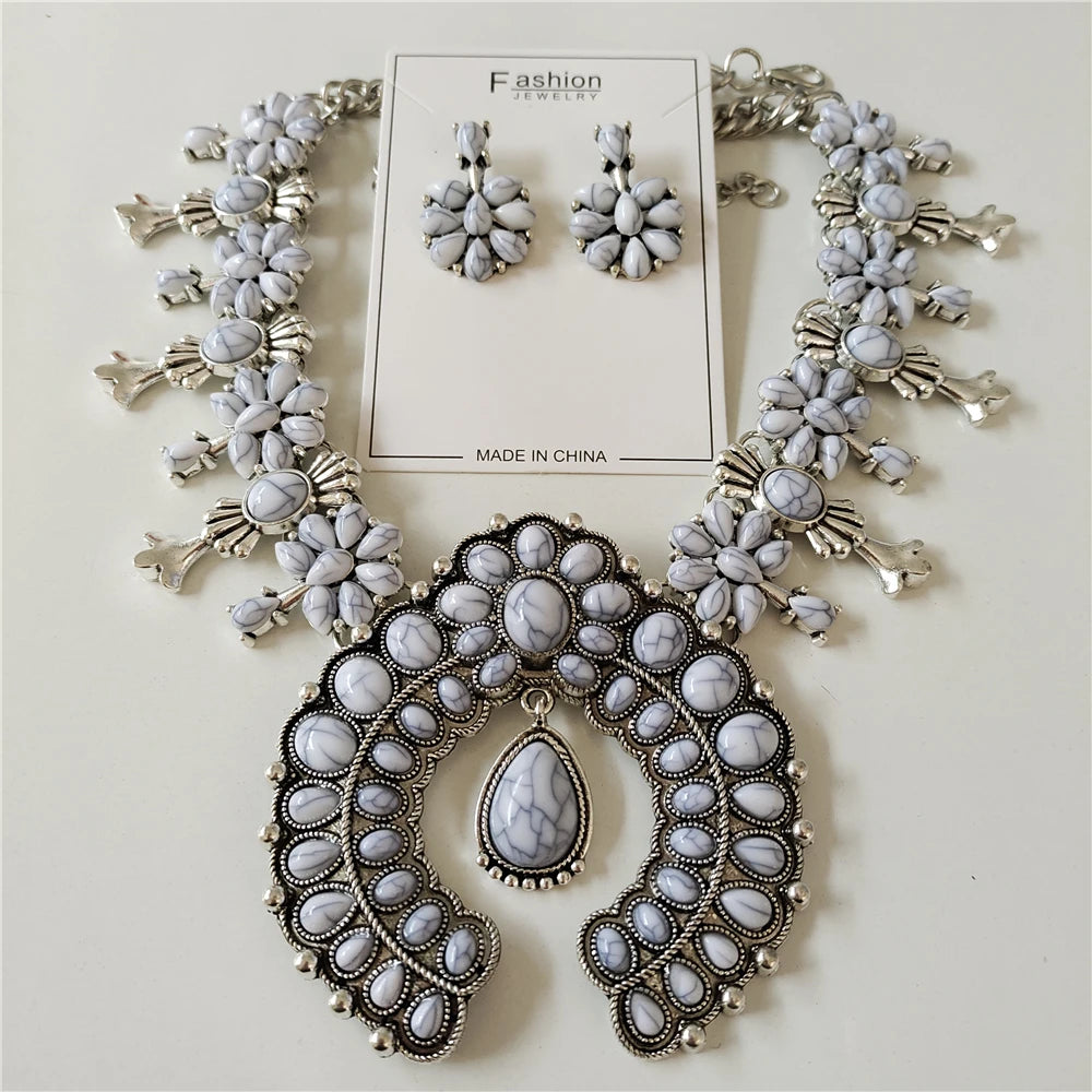 Parure Collier & Boucles Boho Ethnique Turquoise Résine – Pendentif Statement Baroque Retro | Style Indien Vintage | Bijou Femme Tendance 2026
