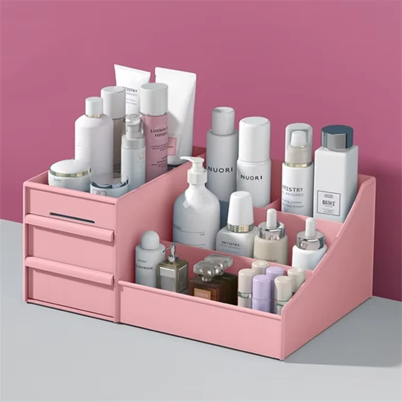 Boîte Rangement Maquillage Rose Tiroir Plastique – Étagère Bureau & Coiffeuse | Organisateur Cosmétiques Desktop