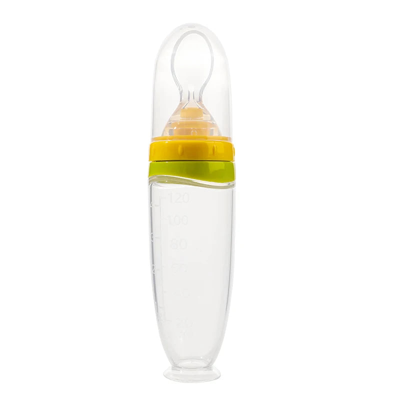 Biberon Pressable Silicone Bébé 120ml – Distributeur Purée Fruits Bouillie Cuillère Détachable