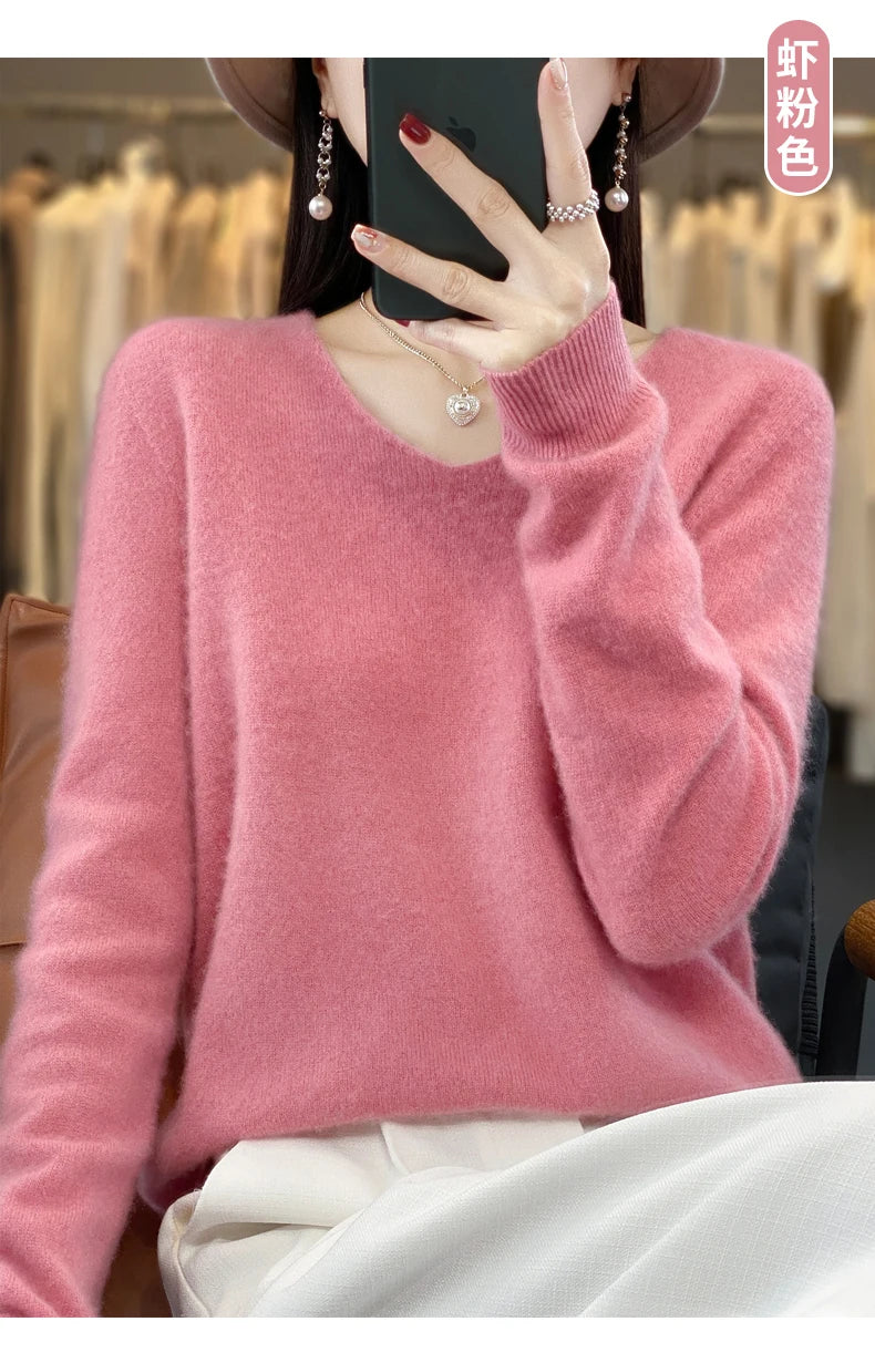 Kaschmirpullover 100% Wolle V-Ausschnitt Damen - Strick Casual Korean Fashion Herbst Winter