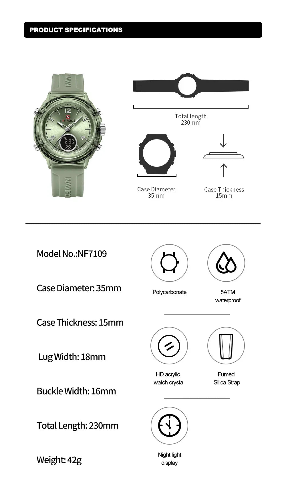 Montre Femme NAVIFORCE NF7109 Quartz Double Affichage – Silicone Lumineuse Étanche Fashion