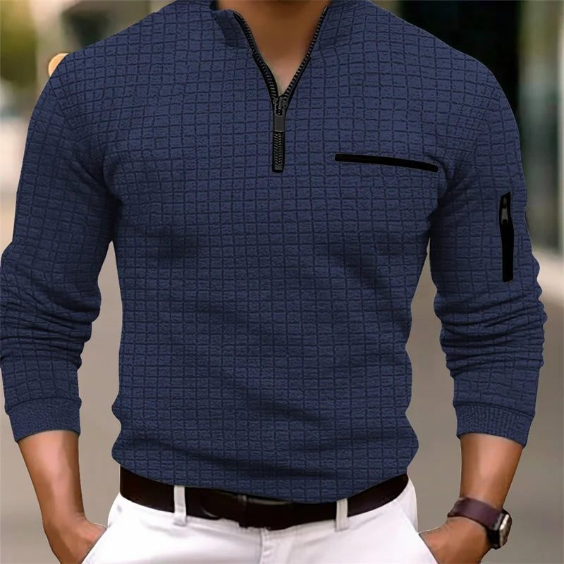 Polo Homme Col Montant Zip À Carreaux Manches Longues Respirant – Sport Business Casual Printemps Automne | Mode Homme Élégant