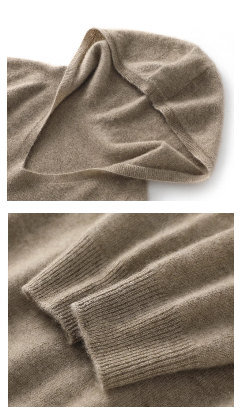 Pull Cachemire Femme 100% Laine Mérinos Col V À Capuche – Chaud Élégant Tendance | Automne Hiver