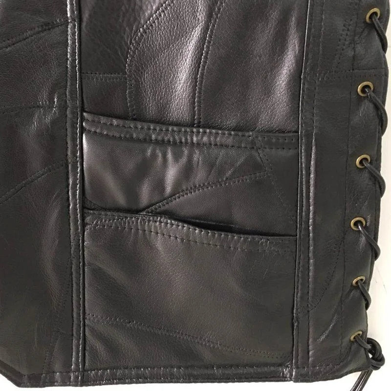 Gilet Moto Homme Cuir Agneau Noir Laçages Latéraux Ajustables Biker Vest Souple Premium Style Motard Authentique – Veste Sans Manches Cuir Véritable | Mode Homme Moto Premium