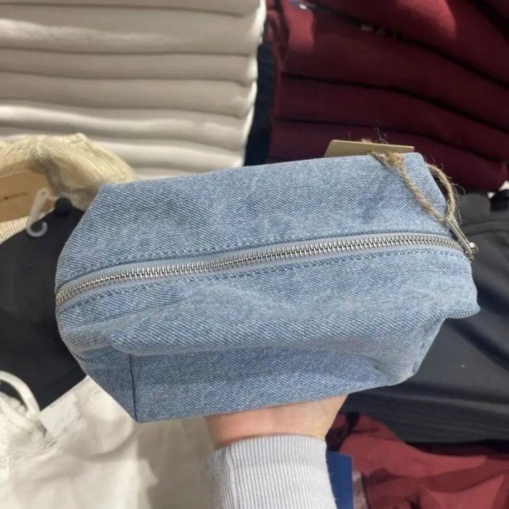 Sac Maquillage Denim Bleu Style Coréen – Trousse Voyage Vintage Zipper | Organisateur Étudiant & Crayon