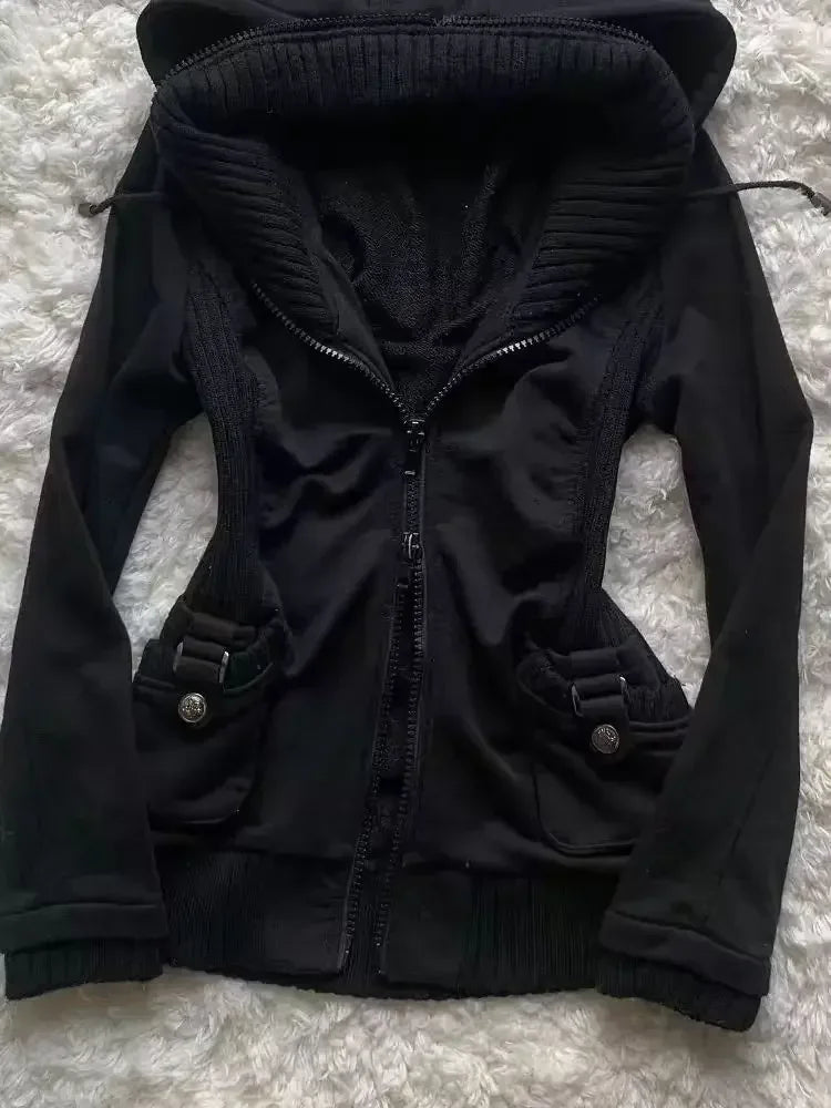 Sweat Femme Gothique Cardigan Plissé Slim – Hoodie Fashion Casual Couleur Unie Hiver Rétro