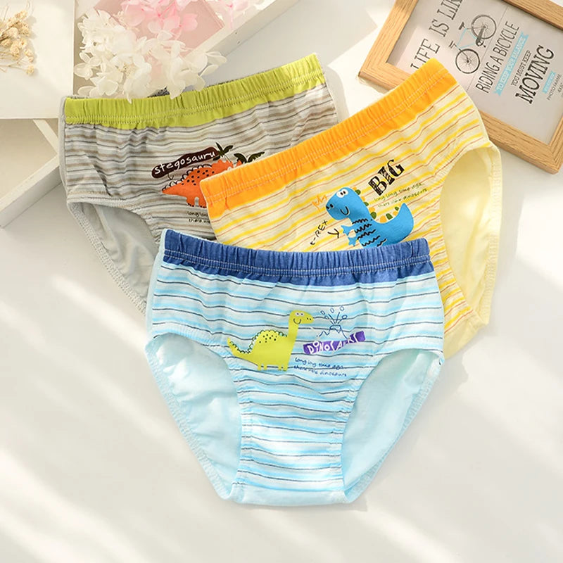 Lot 3 Slips Garçon Coton Imprimé Dinosaure – Sous-Vêtements Respirants Doux 2-14 Ans