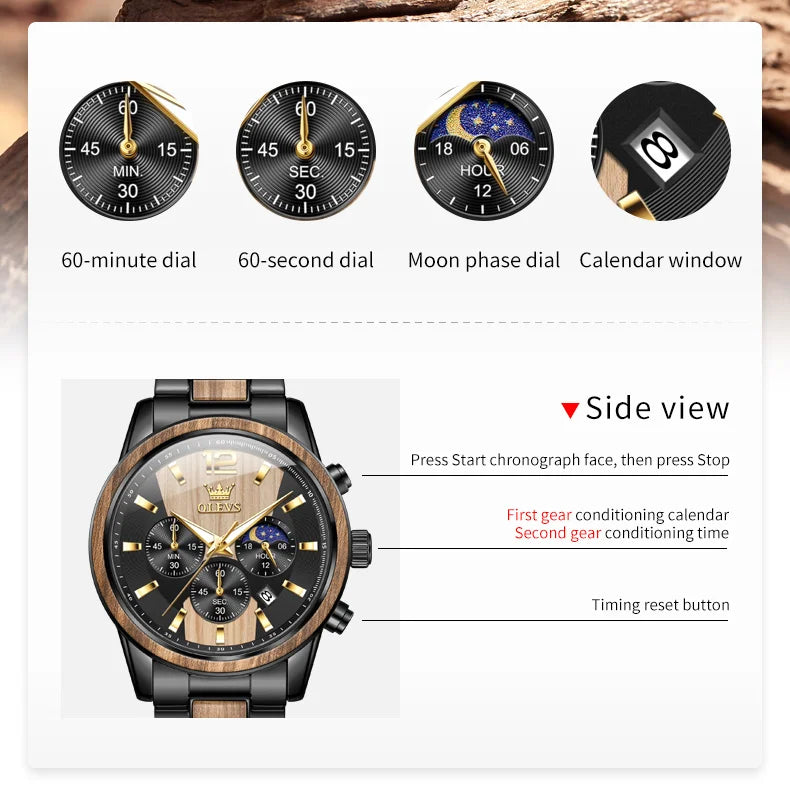 Montre Homme OLEVS Luxe Quartz – Bracelet Acier & Bois Santal Rouge Lumineux Étanche Calendrier