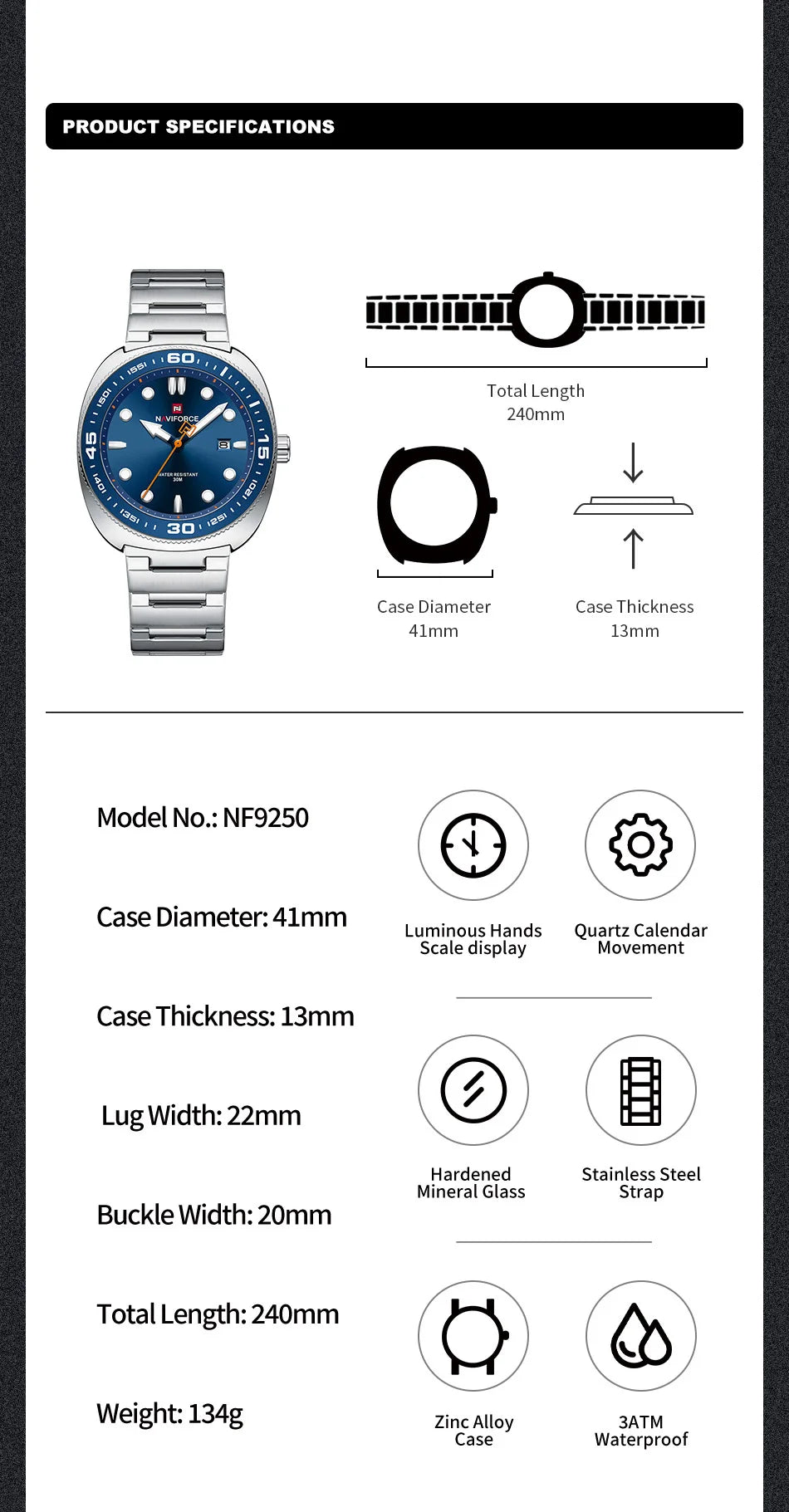 Montre Homme NAVIFORCE Sport Luxe Acier Inoxydable Quartz Date Étanche 30M – Fashion Tendance