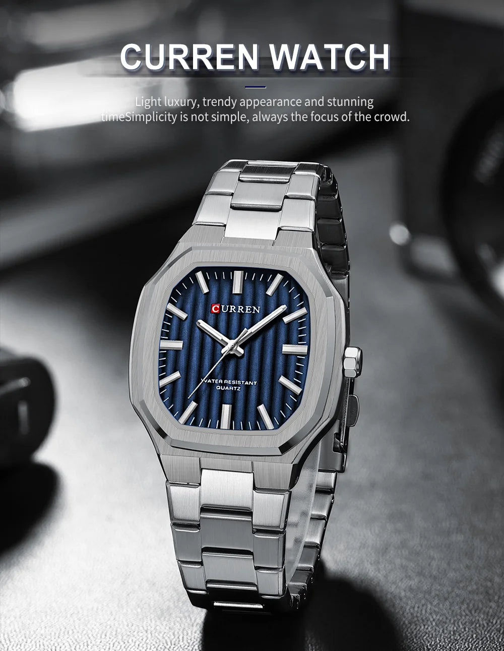 Montre Homme CURREN Business Carré Quartz – Acier Inoxydable Lumineux Étanche Classique