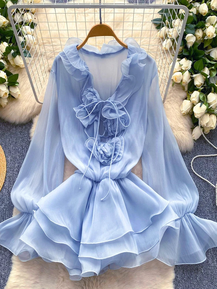 Robe Courte Femme Fleurs 3D Manches Longues Laçage Volants Mousseline – Vintage Bohème Sexy | Plage Été