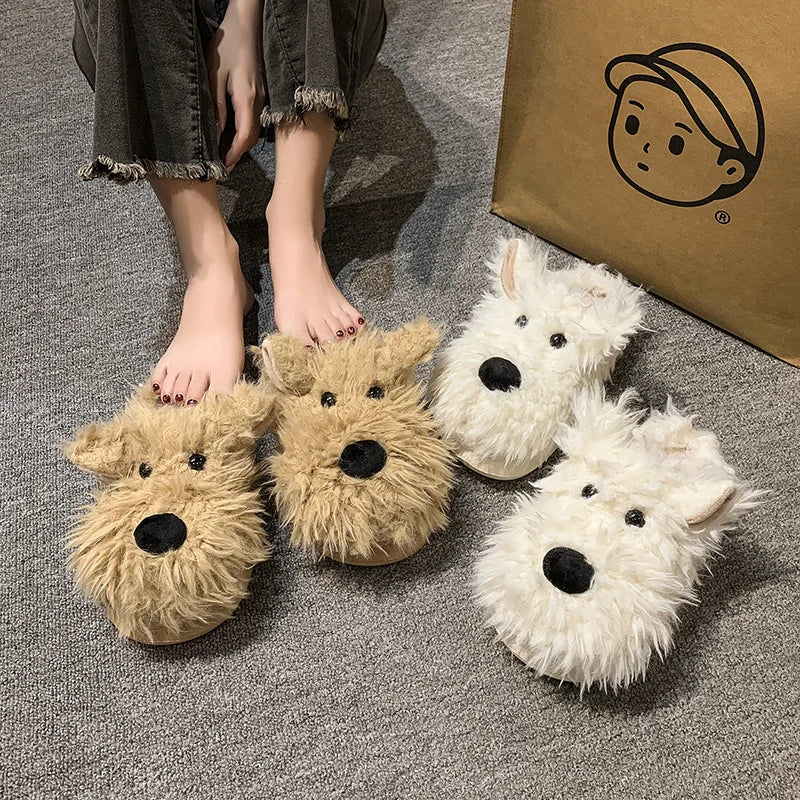 Chaussons Chien Cartoon Plush Hiver Femme – Coton Chaud Non-Slip Intérieur Maison